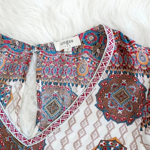 Umgee Women’s Size Small Boho Mini Dress Long Sleeve V-Neck Floral Paisley Tunic - Picture 3 of 8